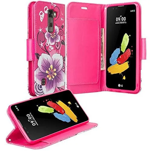 LG K10 / LG Premier LTE Case, Wrist Strap Magnetic Fold[Kickstand] Pu Leather Wallet Case with ID & Credit Card Slots - Hot Pink Purple Flower