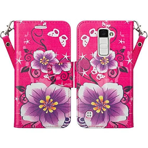 LG K10 / LG Premier LTE Case, Wrist Strap Magnetic Fold[Kickstand] Pu Leather Wallet Case with ID & Credit Card Slots - Hot Pink Purple Flower