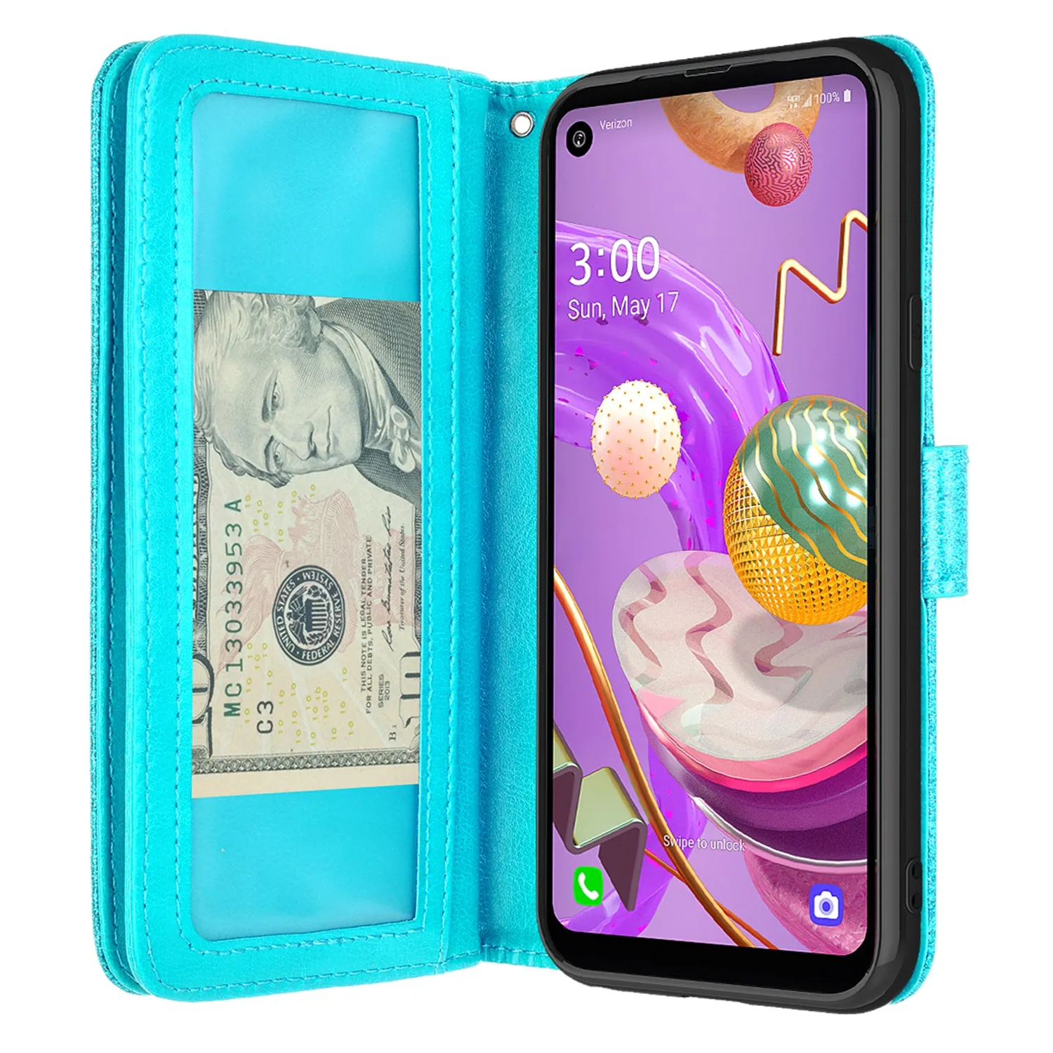 LG K51 Case, Glitter Faux Leather Flip Credit Card Holder Wrist Strap Shockproof Protective Wallet Case Clutch for K51 - Teal