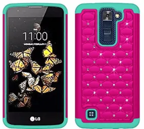 LG K7 Case | Tribute 5 Case | Treasure Case, Diamond Rhinestone Slim Hybrid Case - Hot Pink/Teal