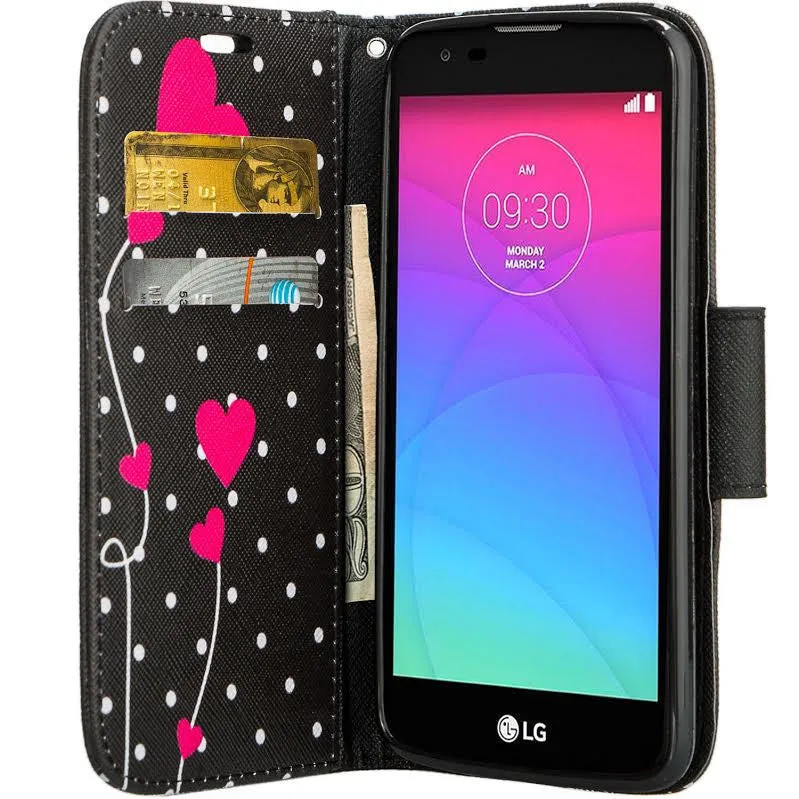 LG Leon LTE Case | Lg Tribute 2 Case | LG Power | LG Sunset | LG Destiny | LG Risio Case, Wallet Case, Wrist Strap [Kickstand] Pu Leather Wallet Case with ID & Credit Card Slots - Polka Dot Heart