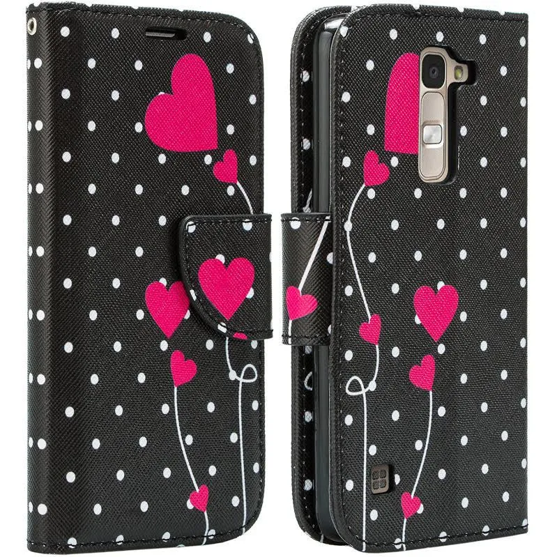 LG Leon LTE Case | Lg Tribute 2 Case | LG Power | LG Sunset | LG Destiny | LG Risio Case, Wallet Case, Wrist Strap [Kickstand] Pu Leather Wallet Case with ID & Credit Card Slots - Polka Dot Heart