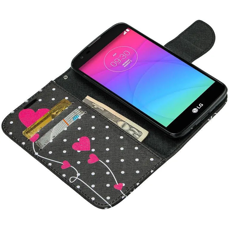 LG Leon LTE Case | Lg Tribute 2 Case | LG Power | LG Sunset | LG Destiny | LG Risio Case, Wallet Case, Wrist Strap [Kickstand] Pu Leather Wallet Case with ID & Credit Card Slots - Polka Dot Heart