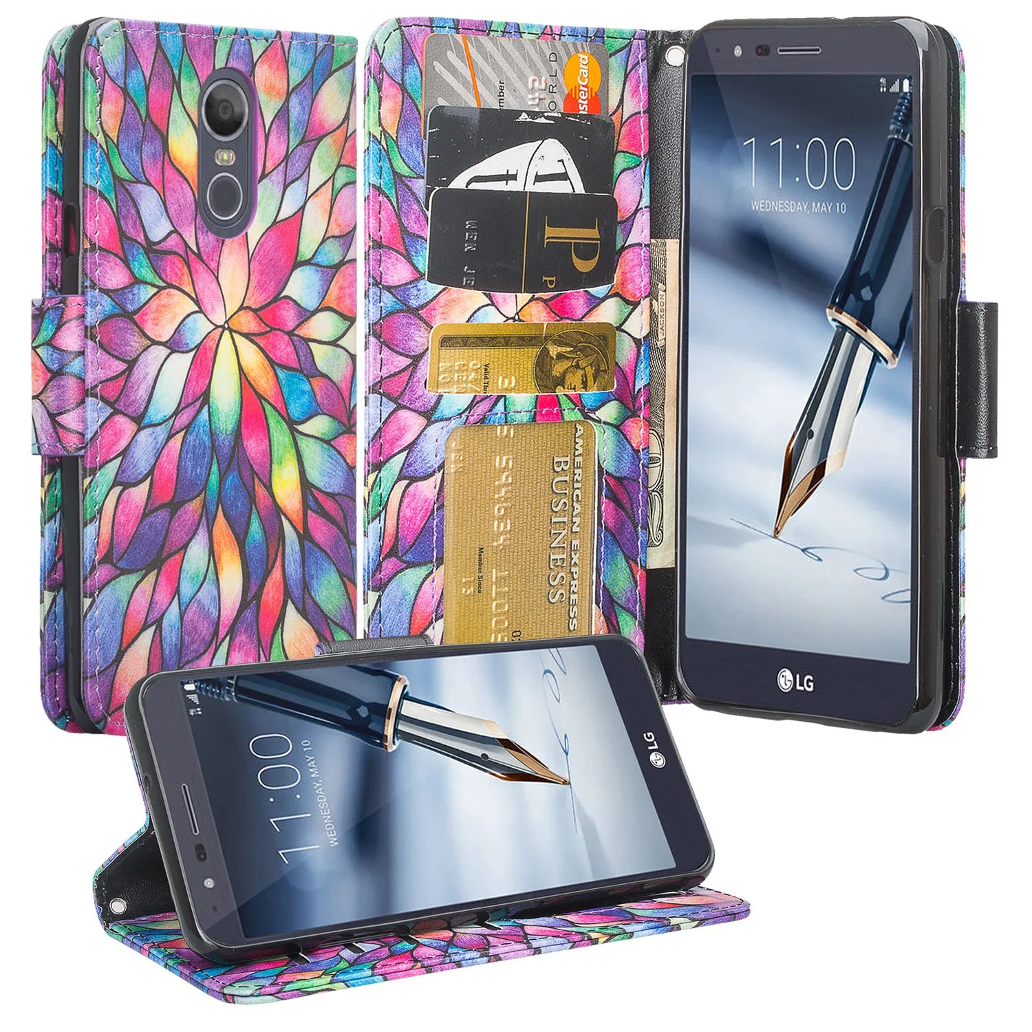 LG Stylo 5 Case, Stylo 5 Wallet Case, Wrist Strap Pu Leather Wallet Case [Kickstand] with ID & Credit Card Slots - Rainbow Flower