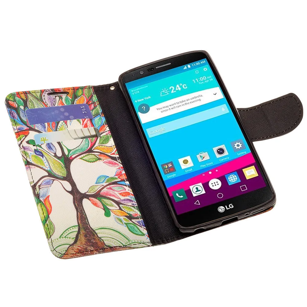 LG V10 Case, Wrist Strap Magnetic Fold[Kickstand] Pu Leather Wallet Case with ID & Credit Card Slots for LG V10 - Colorful Tree