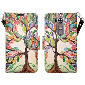 LG V10 Case, Wrist Strap Magnetic Fold[Kickstand] Pu Leather Wallet Case with ID & Credit Card Slots for LG V10 - Colorful Tree