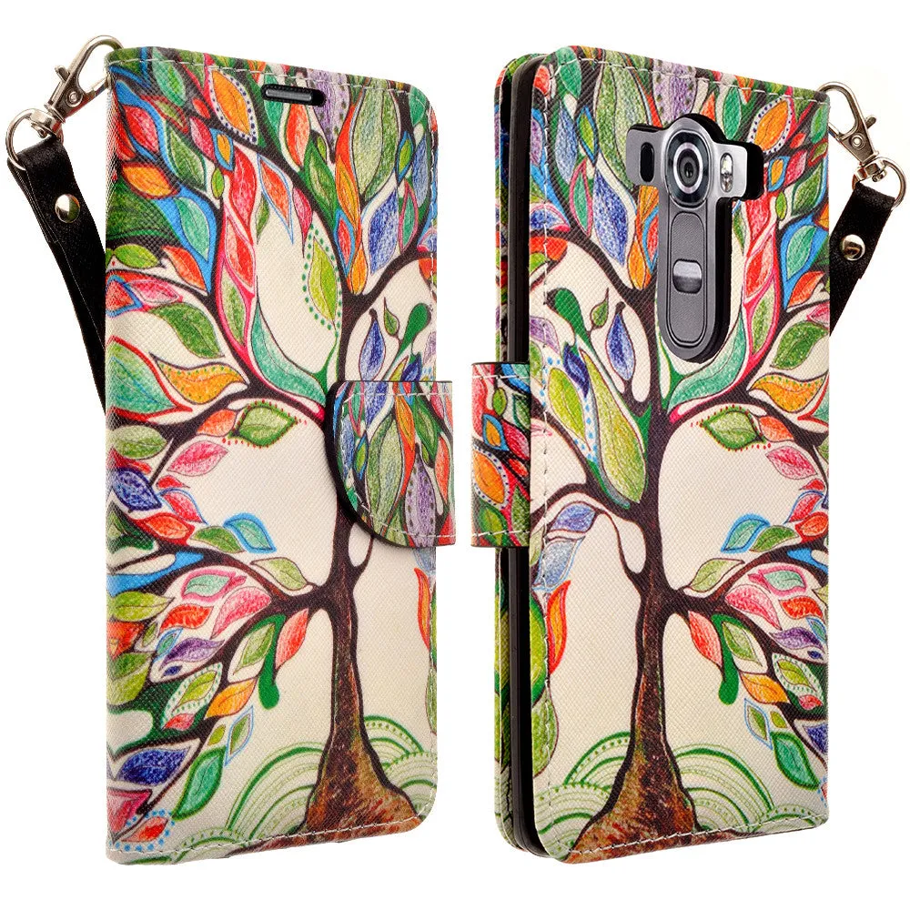 LG V10 Case, Wrist Strap Magnetic Fold[Kickstand] Pu Leather Wallet Case with ID & Credit Card Slots for LG V10 - Colorful Tree