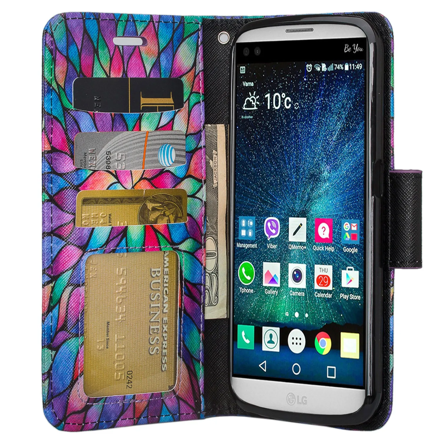 LG V9 Case, LG V9 Wallet Case, Slim Flip Folio [Kickstand] Pu Leather Wallet Case with ID & Card Slots & Pocket   Wrist Strap - Rainbow Flower