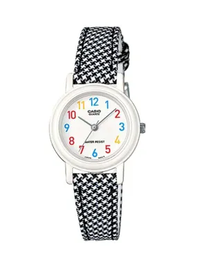 LQ-139LB-1B Black/Stripe Leather Strap Watch for Women