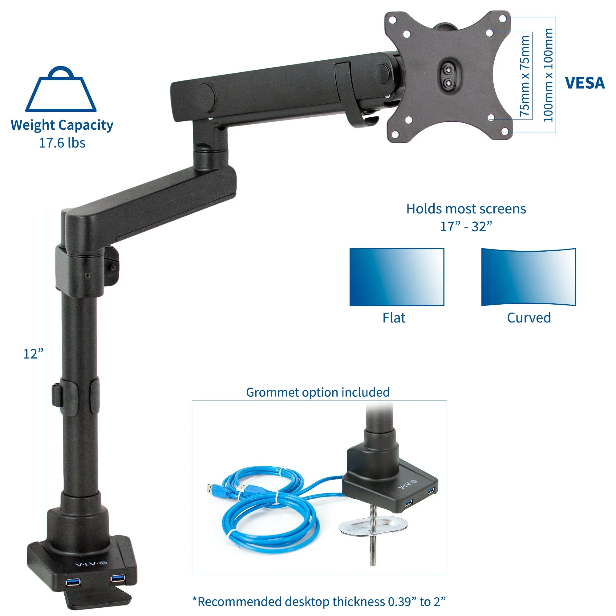 Mechanical Arm Single Monitor Desk Mount with USB