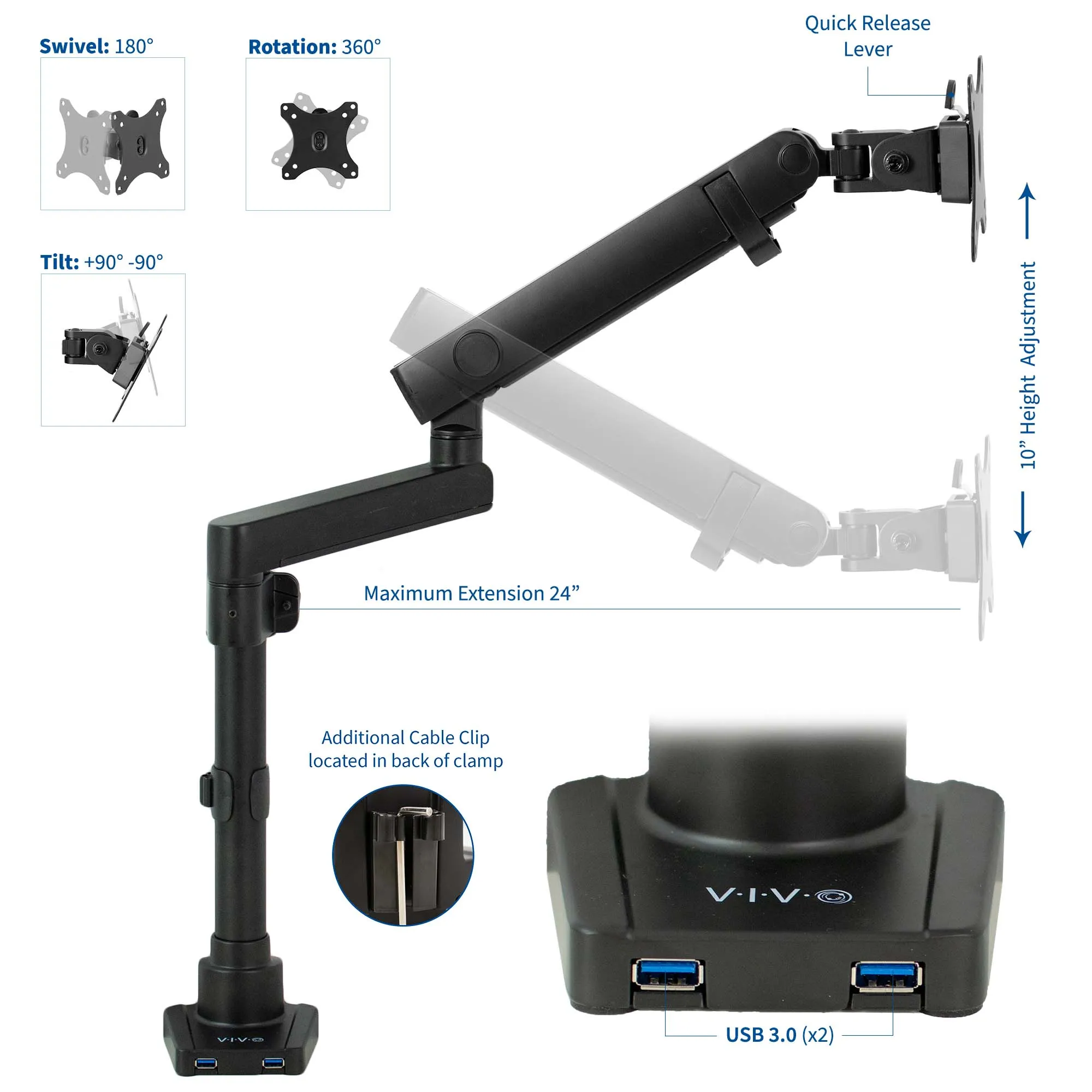 Mechanical Arm Single Monitor Desk Mount with USB