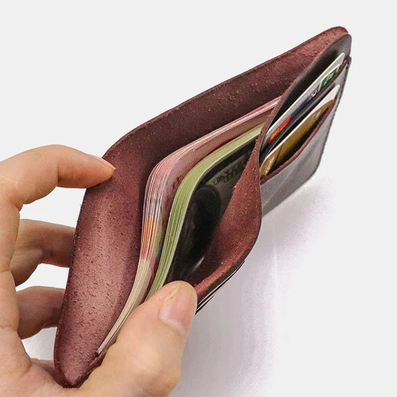 Men Bifold Thin Wallet Simple Retro Vegetable Tanned Leather Card Holder Coin Purse Money Clip