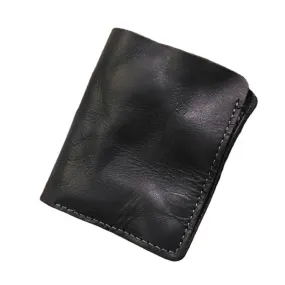 Men Bifold Thin Wallet Simple Retro Vegetable Tanned Leather Card Holder Coin Purse Money Clip