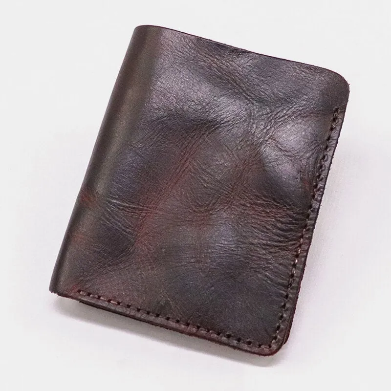 Men Bifold Thin Wallet Simple Retro Vegetable Tanned Leather Card Holder Coin Purse Money Clip