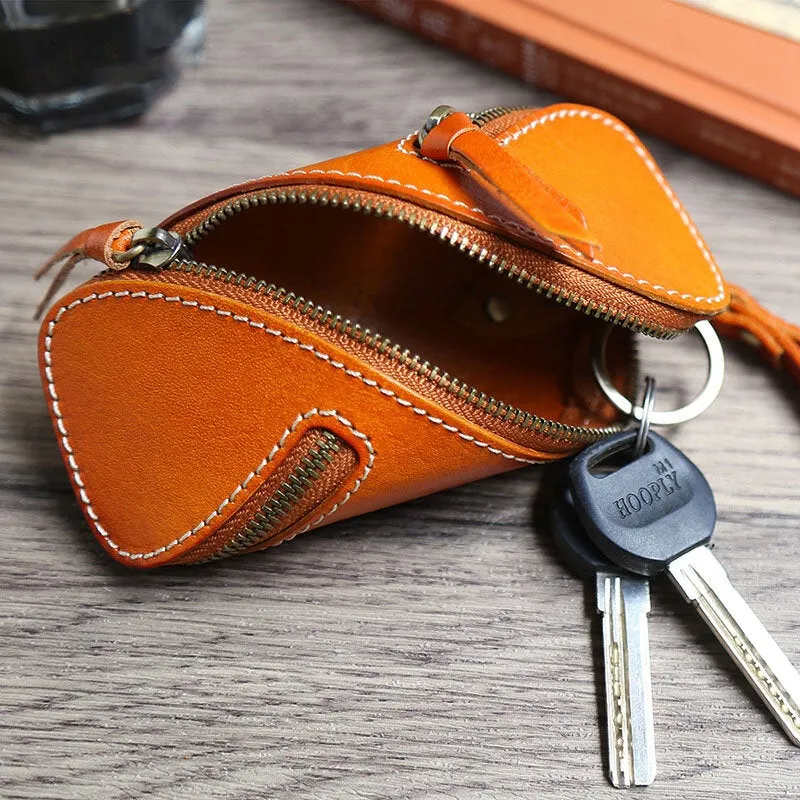 Men Genuine Leather Solid Color Oval Zipper Retro Key Case Card Case Clutch Bags