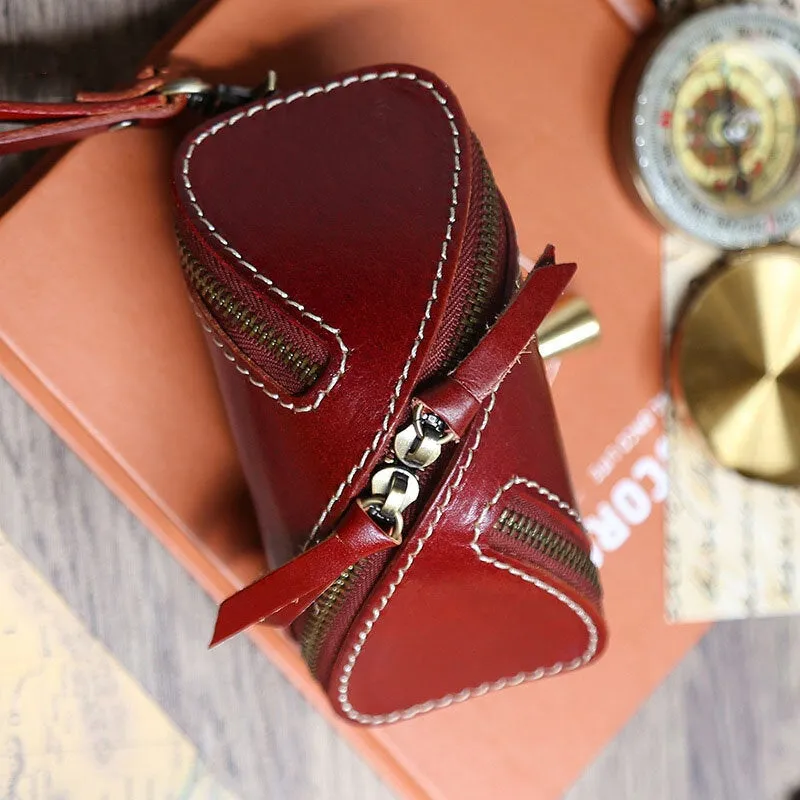 Men Genuine Leather Solid Color Oval Zipper Retro Key Case Card Case Clutch Bags