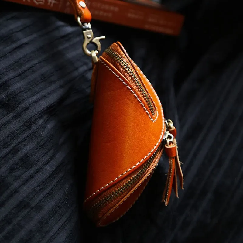 Men Genuine Leather Solid Color Oval Zipper Retro Key Case Card Case Clutch Bags