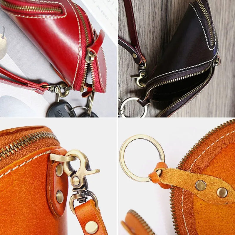 Men Genuine Leather Solid Color Oval Zipper Retro Key Case Card Case Clutch Bags