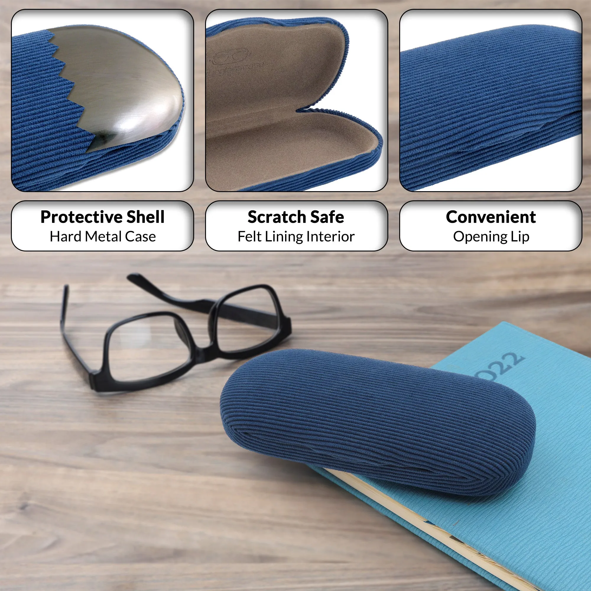 Men Hard Eyeglass Case for Small medium Frames - Glasses Case Holder with pouch and Cleaning Cloth (AS196 Corduroy Blue)