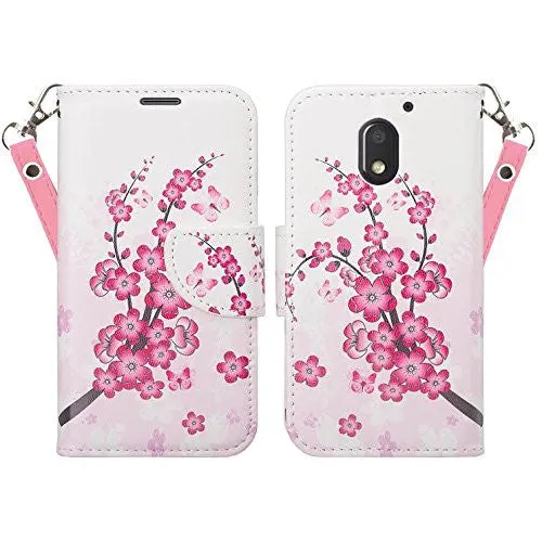 Moto G4 (4th Gen) Case | Moto G4 Plus Case, Wrist Strap Pu Leather Magnetic Fold[Kickstand] Wallet Case with ID & Card Slots for Motorola G4/G4 Plus - Cherry Blossom