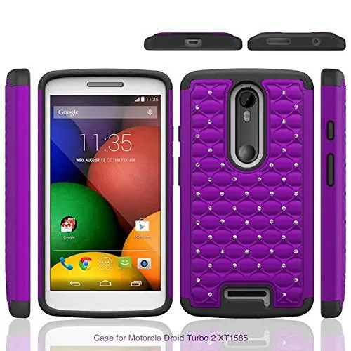 Motorola Droid Turbo 2 Case | Moto X Force Case | Kinzie Bounce Case, Slim Hybrid Dual Layer[Shock Resistant] Crystal Rhinestone Studded Case Cover - Purple/Black