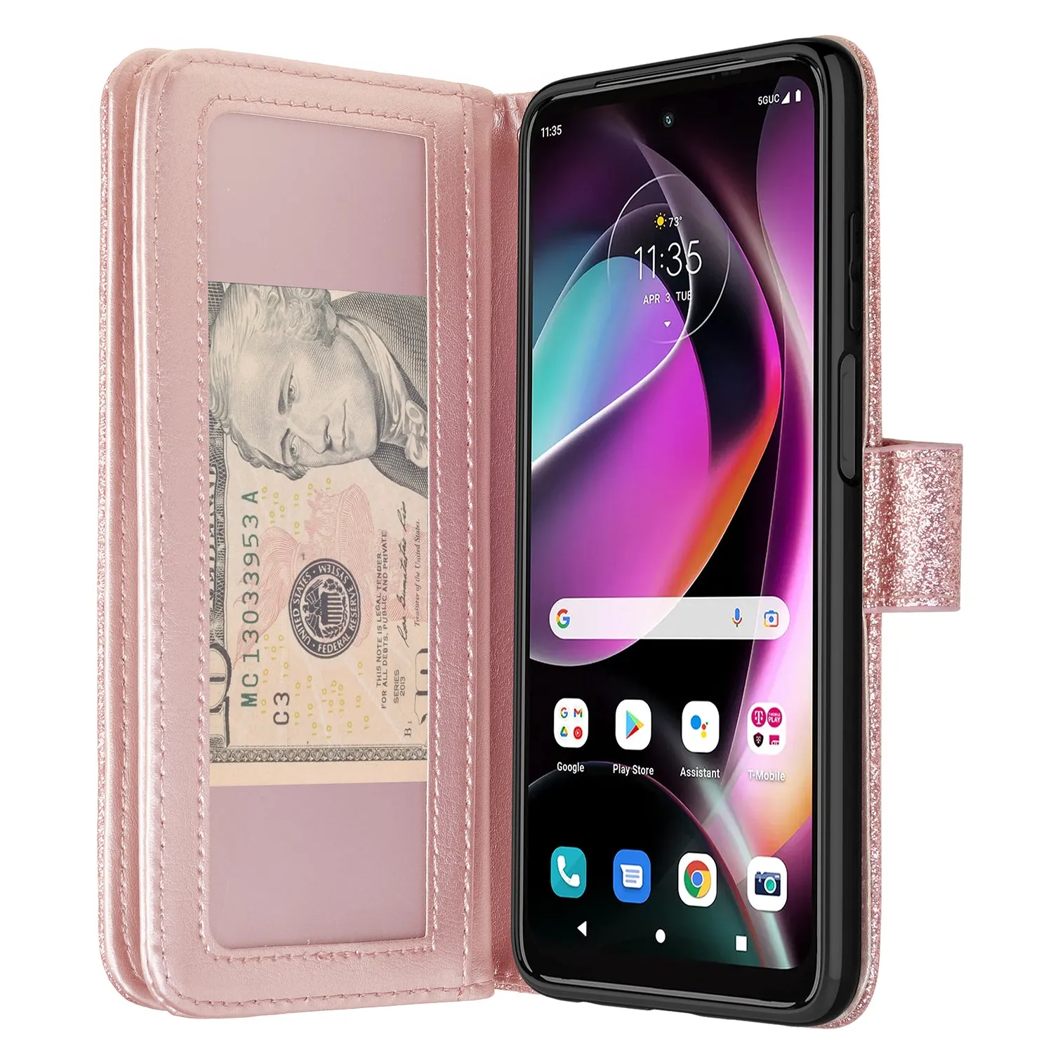 Motorola moto g 5G (2022) Case, moto g 5G (2022) Case, Glitter Faux Leather Flip Credit Card Holder Wrist Strap Shockproof Protective Wallet Case Clutch for moto g 5G (2022) - Rose Gold