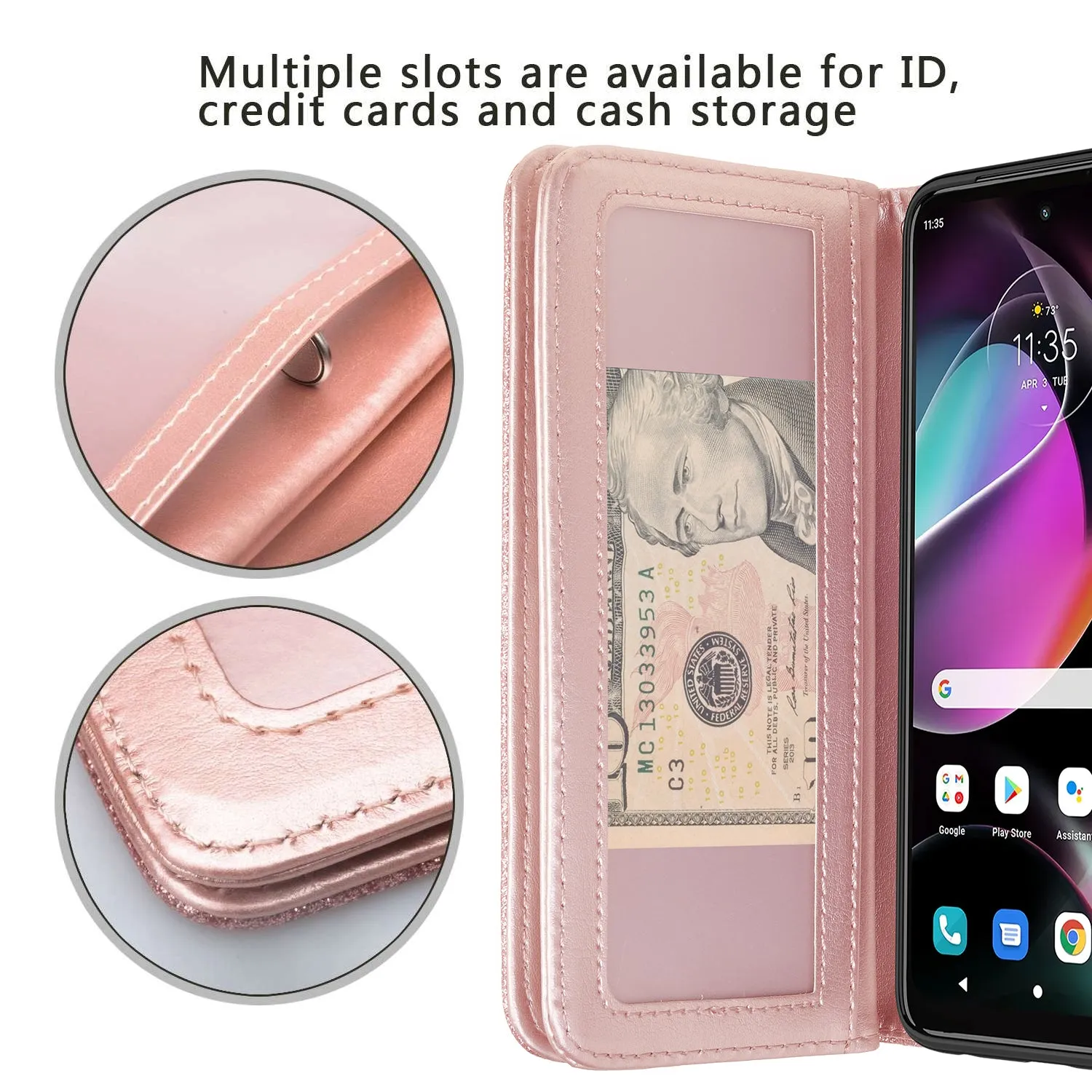 Motorola moto g 5G (2022) Case, moto g 5G (2022) Case, Glitter Faux Leather Flip Credit Card Holder Wrist Strap Shockproof Protective Wallet Case Clutch for moto g 5G (2022) - Rose Gold