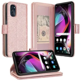 Motorola moto g 5G (2022) Case, moto g 5G (2022) Case, Glitter Faux Leather Flip Credit Card Holder Wrist Strap Shockproof Protective Wallet Case Clutch for moto g 5G (2022) - Rose Gold