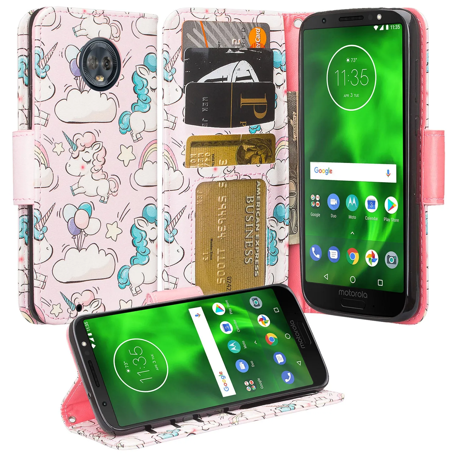 Motorola Moto G6 | Moto G6 2018 Case, Moto G6 | Moto G6 2018 Wallet Case, Wrist Strap Pu Leather Wallet Case [Kickstand] with ID & Credit Card Slots - Pink Unicorn