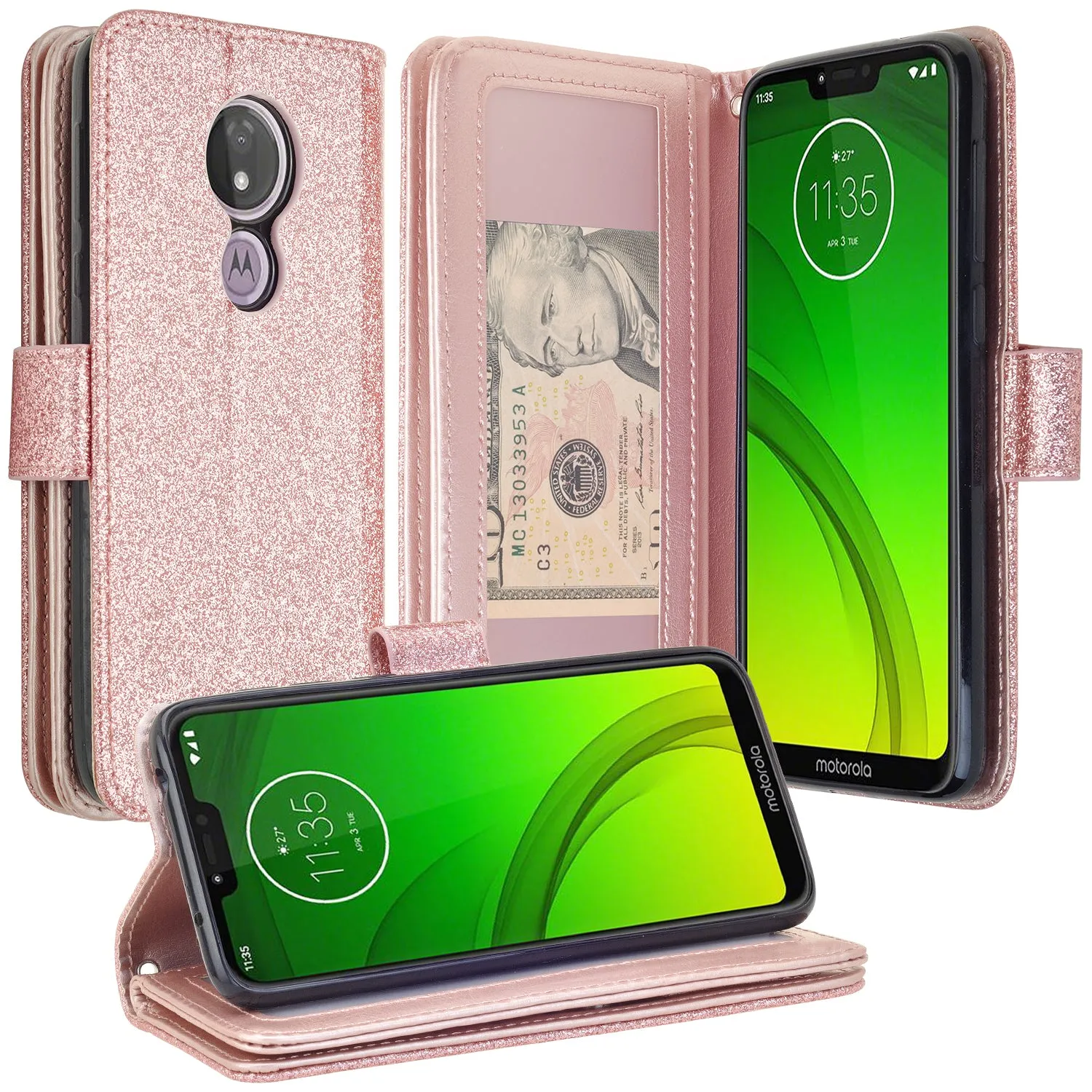 Motorola Moto G7 Power/G7 Supra/G7 Optimo Maxx Glitter Faux Leather Flip Credit Card Holder Wrist Strap Shockproof Protective Wallet Case Clutch - Rose Gold