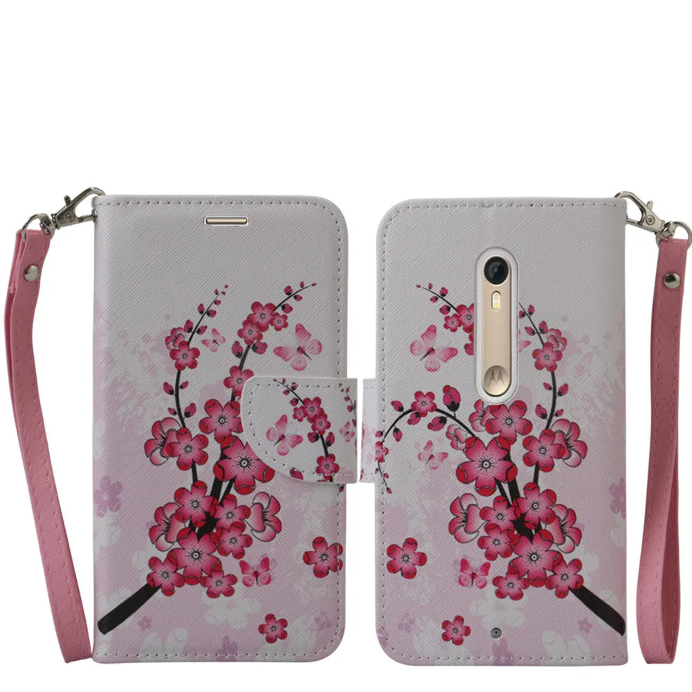 Motorola Moto X Style Case, Wrist Strap Magnetic Flip Fold[Kickstand] Pu Leather Wallet Case with ID & Card Slots - Cherry Blossom