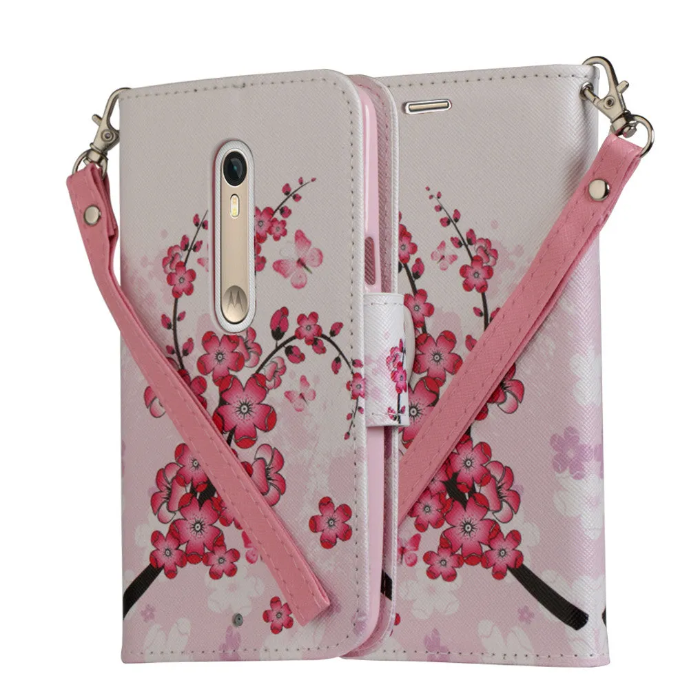 Motorola Moto X Style Case, Wrist Strap Magnetic Flip Fold[Kickstand] Pu Leather Wallet Case with ID & Card Slots - Cherry Blossom