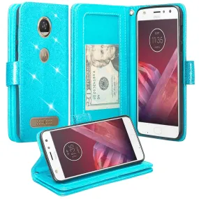 Motorola Moto Z2 Force Edition Case, Moto Z2 Force wallet Case, [Wrist Strap] Glitter Faux Leather Flip [Kickstand Feature] Protective Wallet Case Clutch - Teal