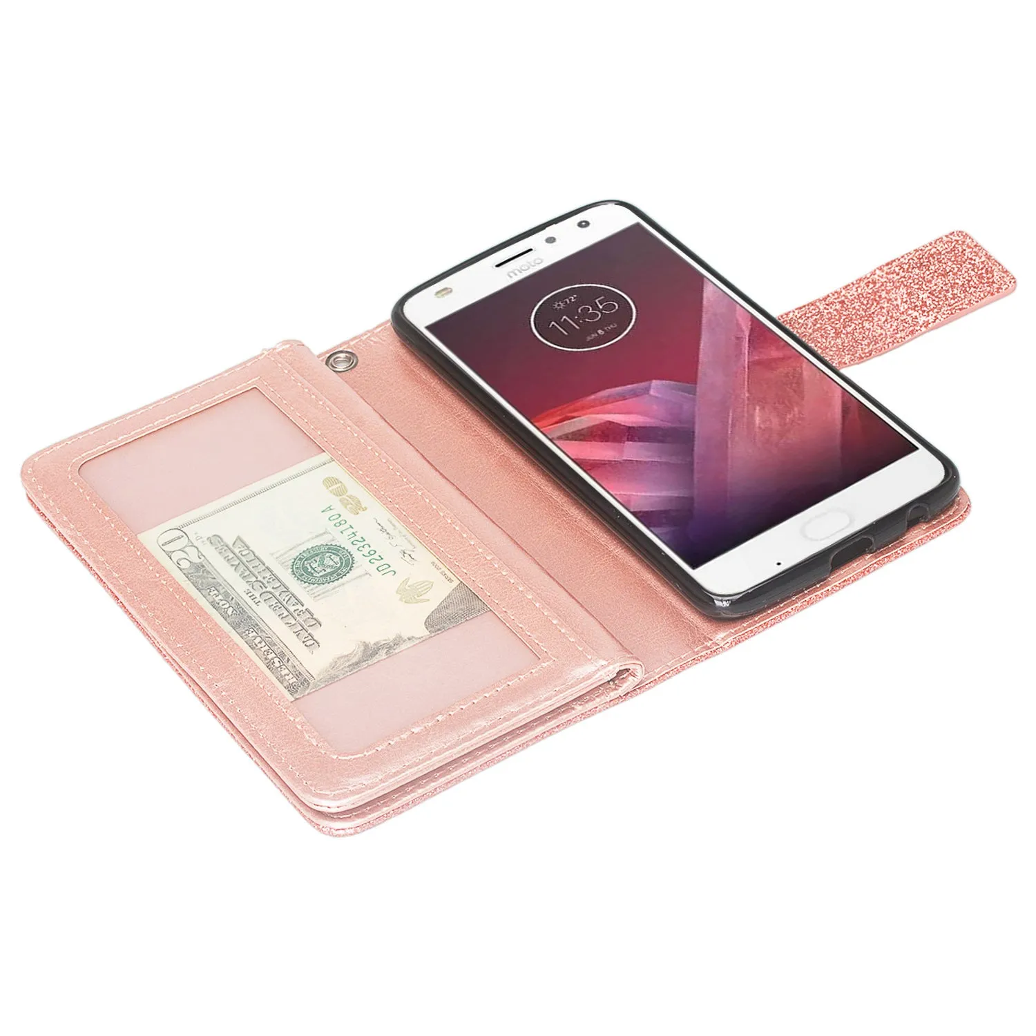 Motorola Moto Z2 Play Case, Moto Z2 Play wallet Case, [Wrist Strap] Glitter Faux Leather Flip [Kickstand Feature] Protective Wallet Case Clutch - Rose Gold