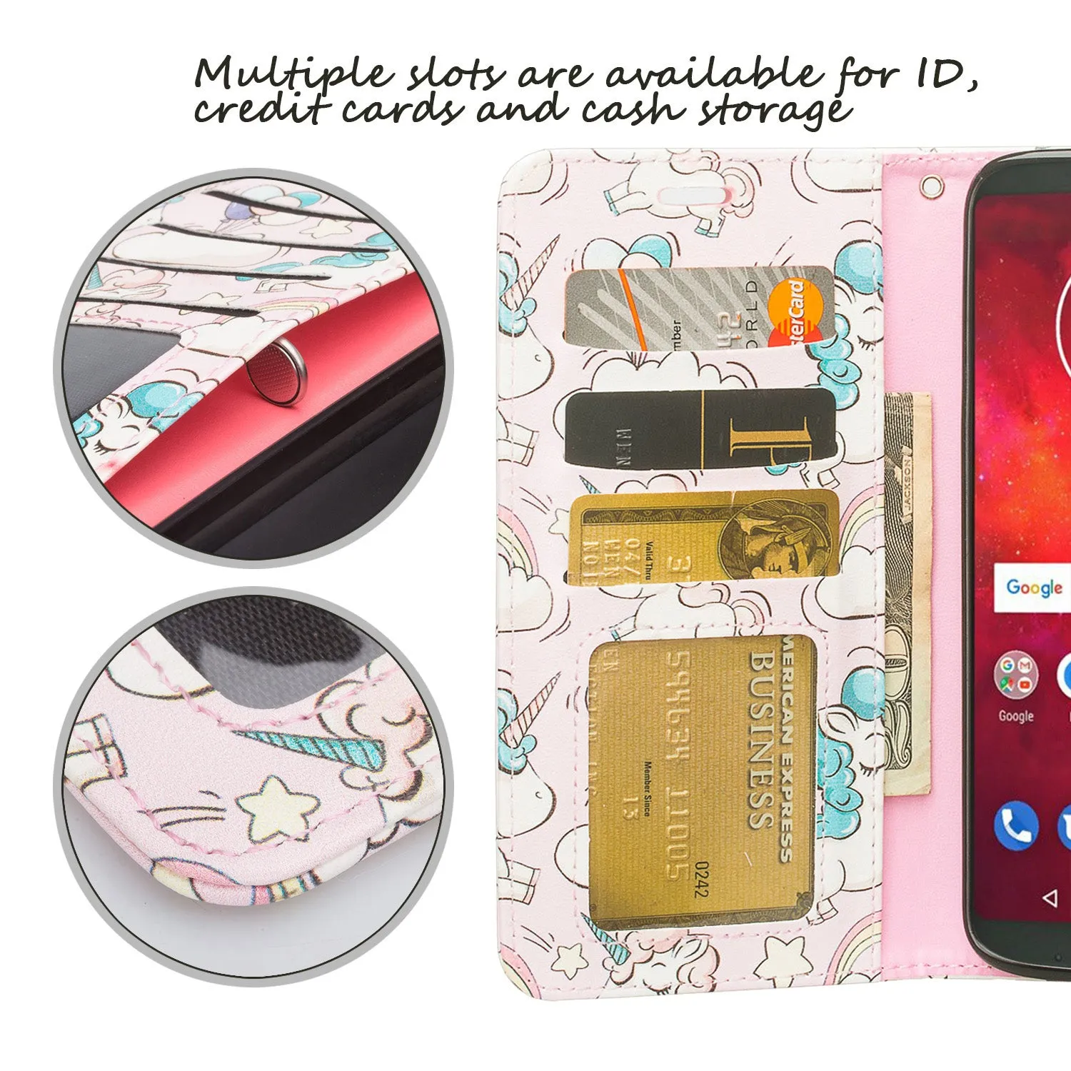 Motorola Moto Z3 Play Case, Moto Z3 Play Wallet Case, Wrist Strap Pu Leather Wallet Case [Kickstand] with ID & Credit Card Slots - Pink Unicorn