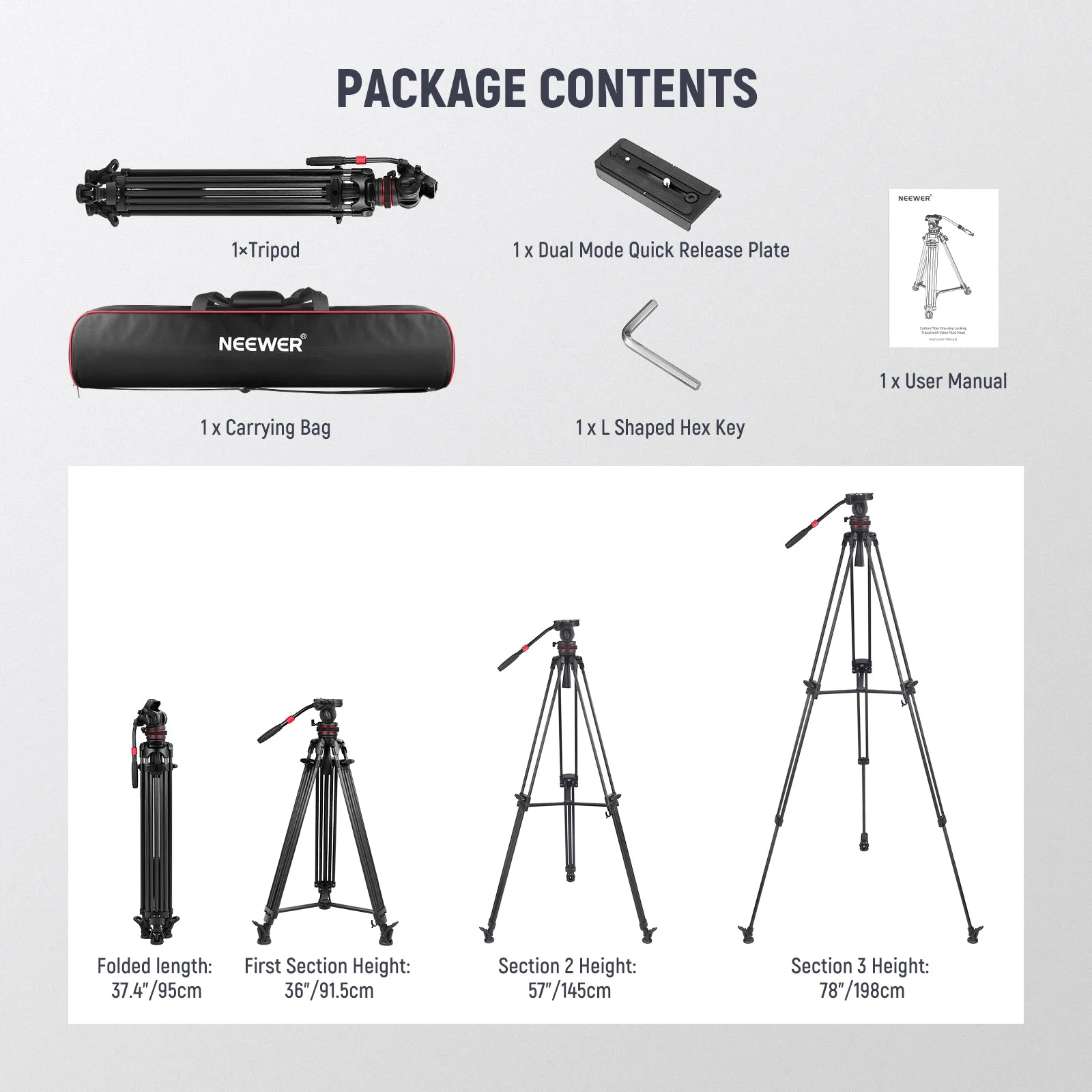 NEEWER LL35 78" Pro Heavy Duty Carbon Fiber Tripod with Damping Adjustable Fluid Head