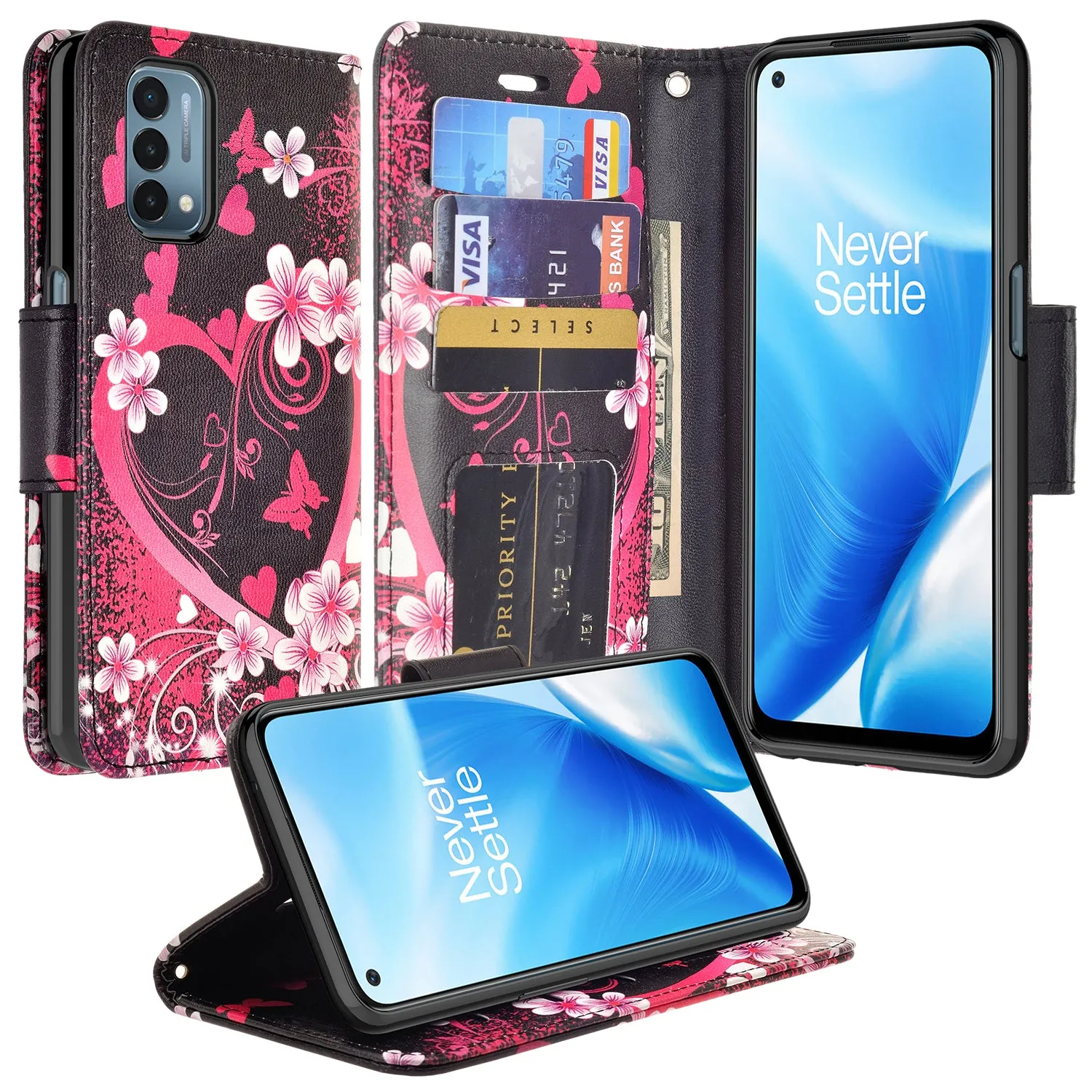 OnePlus Nord N200 5G Case, Nord N200 5G Wallet Case, Wrist Strap Pu Leather Wallet Case [Kickstand] with ID & Credit Card Slots - Heart Butterflies