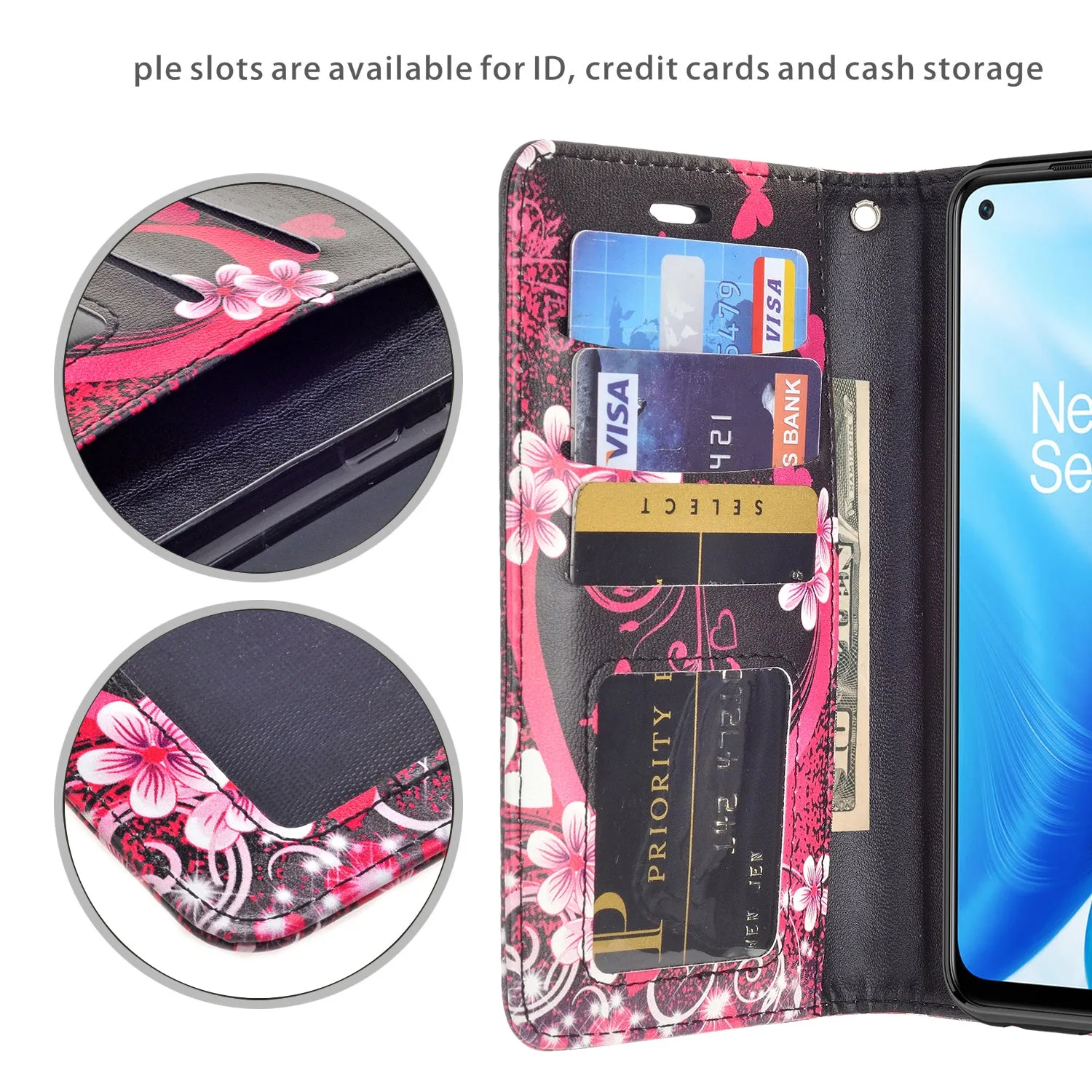 OnePlus Nord N200 5G Case, Nord N200 5G Wallet Case, Wrist Strap Pu Leather Wallet Case [Kickstand] with ID & Credit Card Slots - Heart Butterflies