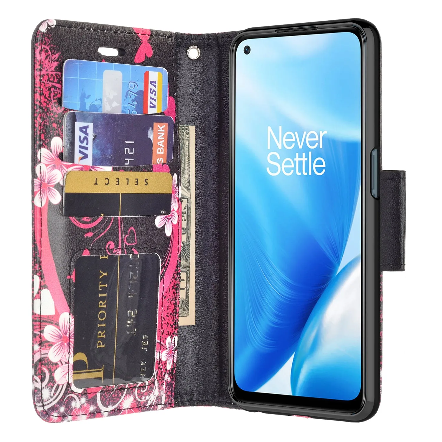 OnePlus Nord N200 5G Case, Nord N200 5G Wallet Case, Wrist Strap Pu Leather Wallet Case [Kickstand] with ID & Credit Card Slots - Heart Butterflies