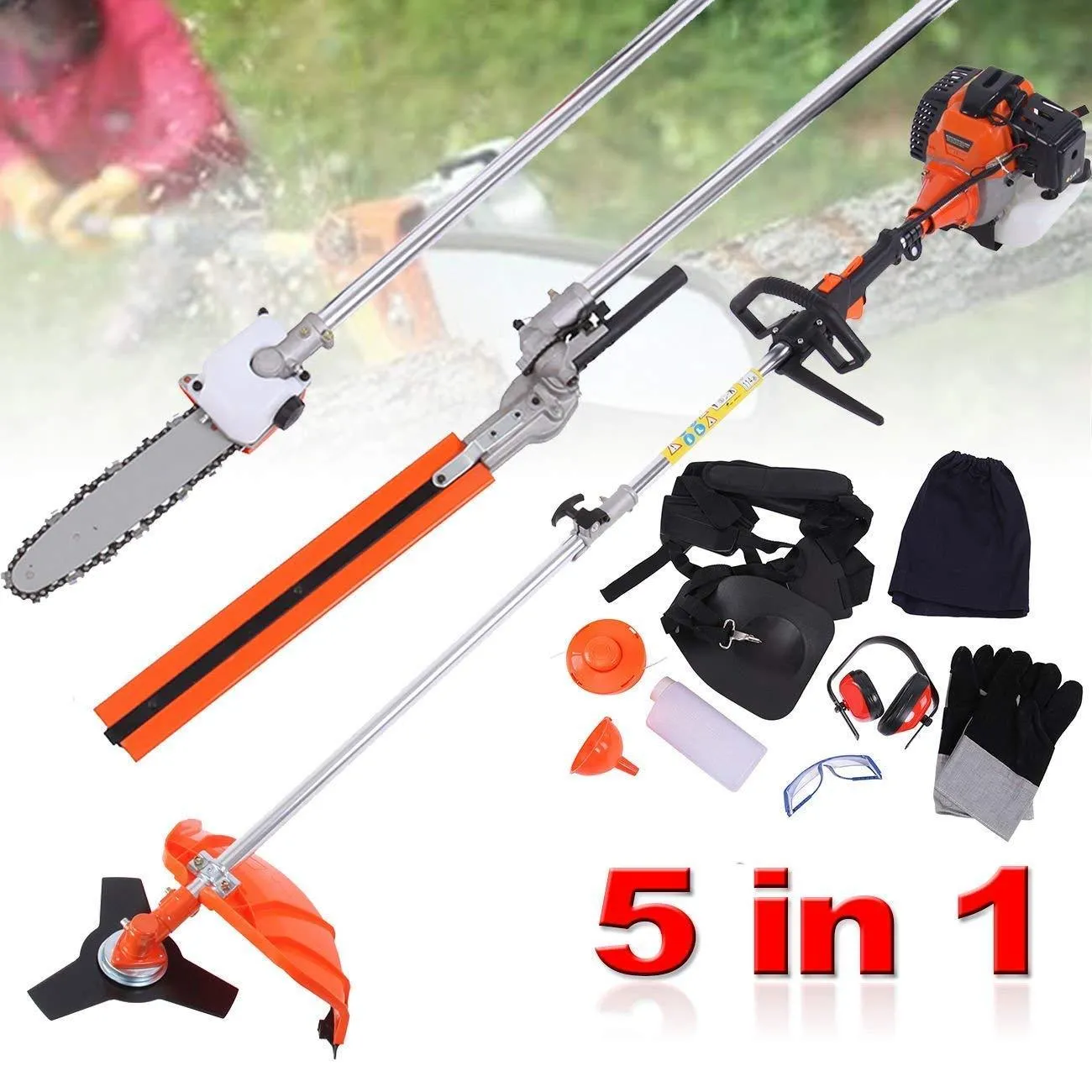 PanelTech 5 in 1 52CC Brush Cutter Hedge Trimmer Pruning Chainsaw Grass Trimmer and Extension Pole