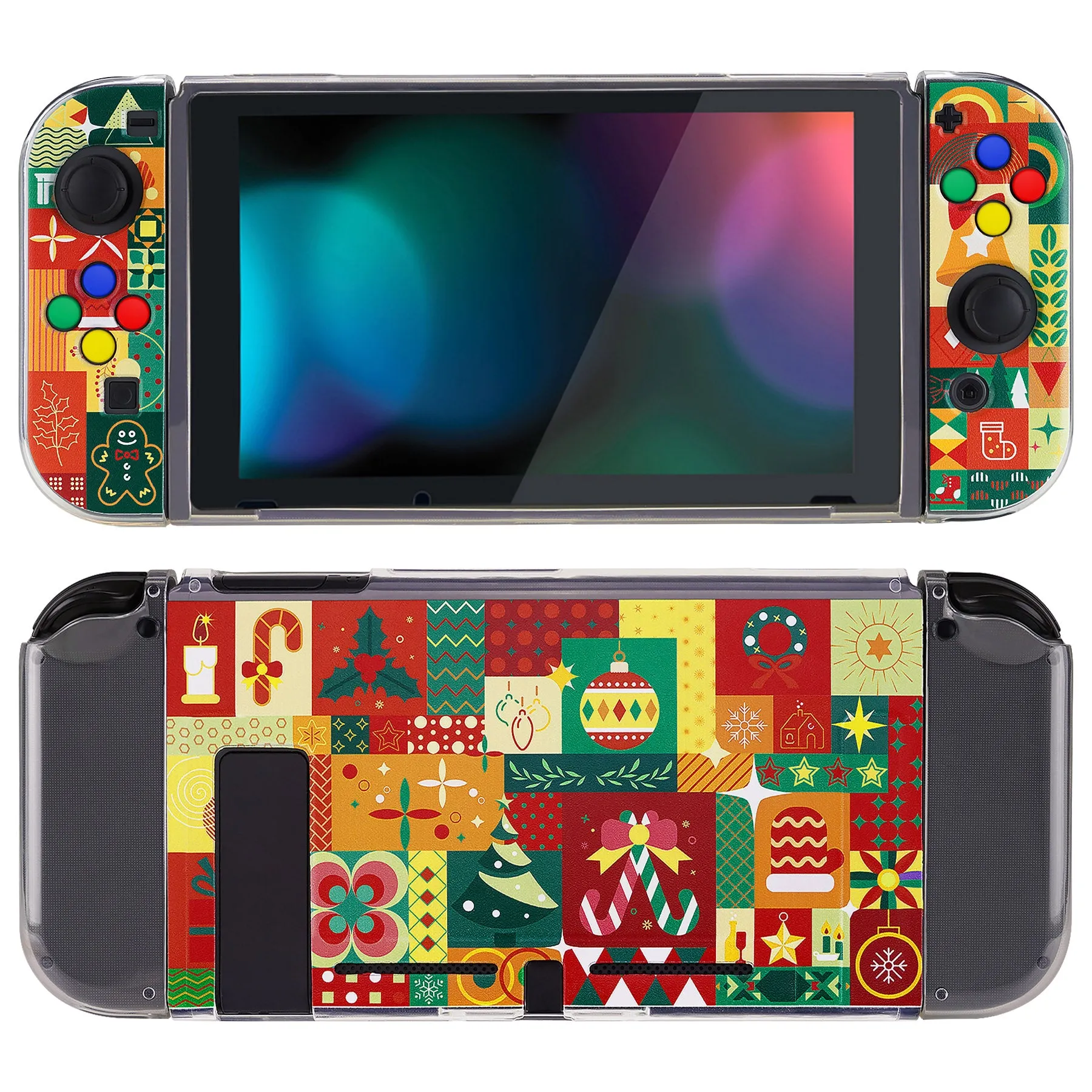 PlayVital Christmas Wrap Protective Case for NS, Soft TPU Slim Case Cover for NS Joycon Console with Colorful ABXY Direction Button Caps - NTU6042G2