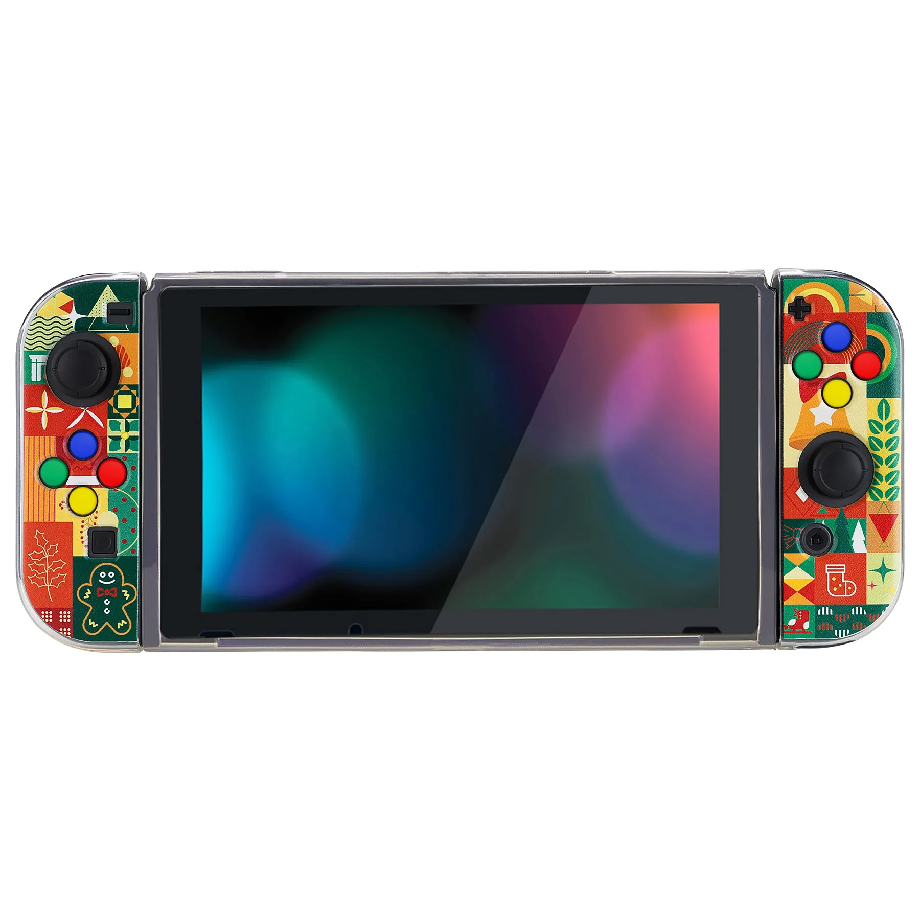 PlayVital Christmas Wrap Protective Case for NS, Soft TPU Slim Case Cover for NS Joycon Console with Colorful ABXY Direction Button Caps - NTU6042G2