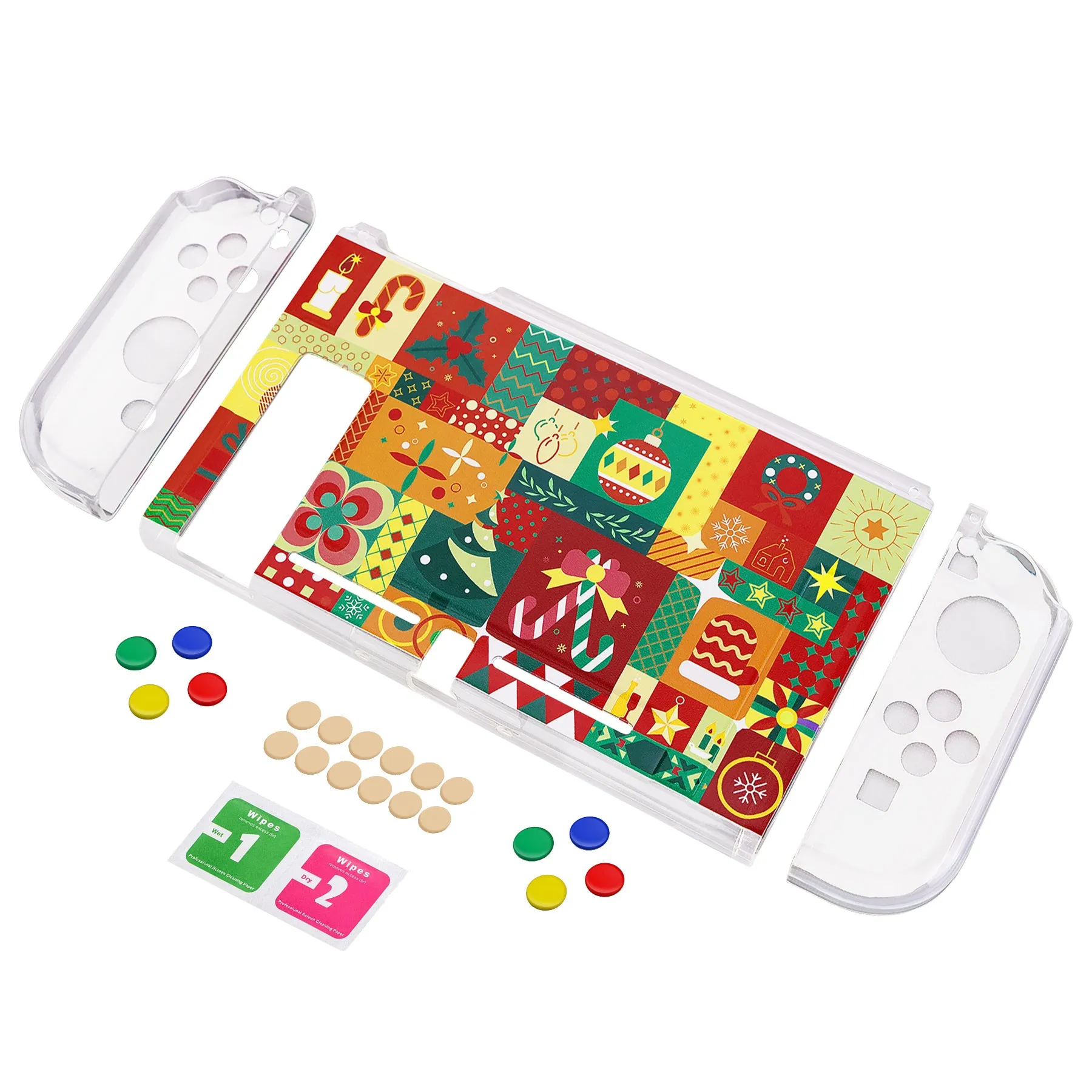 PlayVital Christmas Wrap Protective Case for NS, Soft TPU Slim Case Cover for NS Joycon Console with Colorful ABXY Direction Button Caps - NTU6042G2