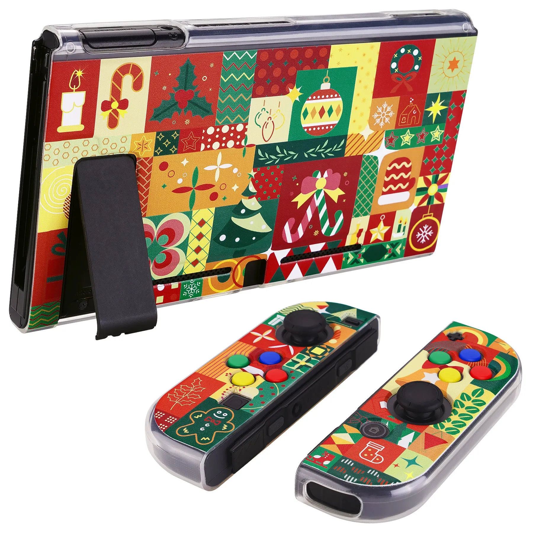 PlayVital Christmas Wrap Protective Case for NS, Soft TPU Slim Case Cover for NS Joycon Console with Colorful ABXY Direction Button Caps - NTU6042G2