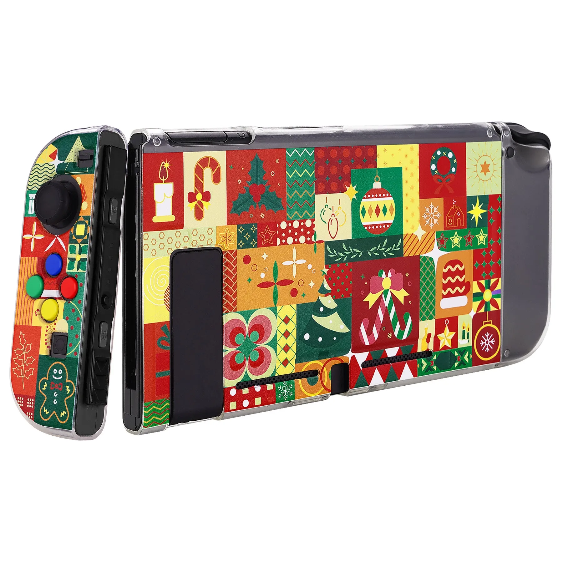 PlayVital Christmas Wrap Protective Case for NS, Soft TPU Slim Case Cover for NS Joycon Console with Colorful ABXY Direction Button Caps - NTU6042G2