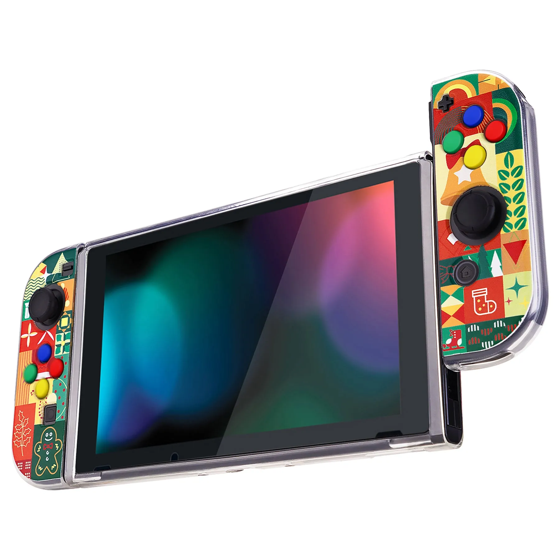 PlayVital Christmas Wrap Protective Case for NS, Soft TPU Slim Case Cover for NS Joycon Console with Colorful ABXY Direction Button Caps - NTU6042G2