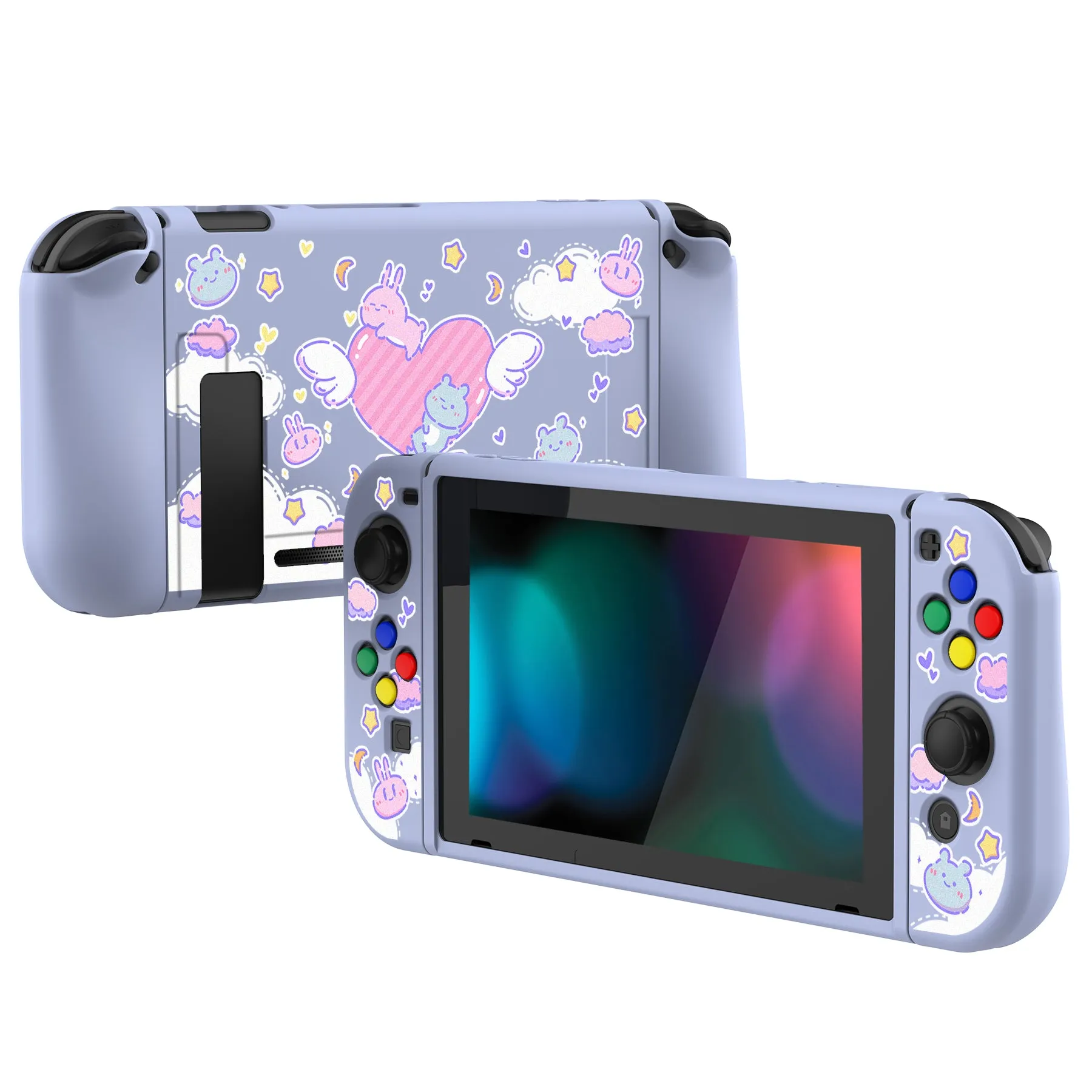 PlayVital Fantasy Bunny & Bear Protective Case for NS, Soft TPU Slim Case Cover for NS Joycon Console with Colorful ABXY Direction Button Caps - NTU6024G2