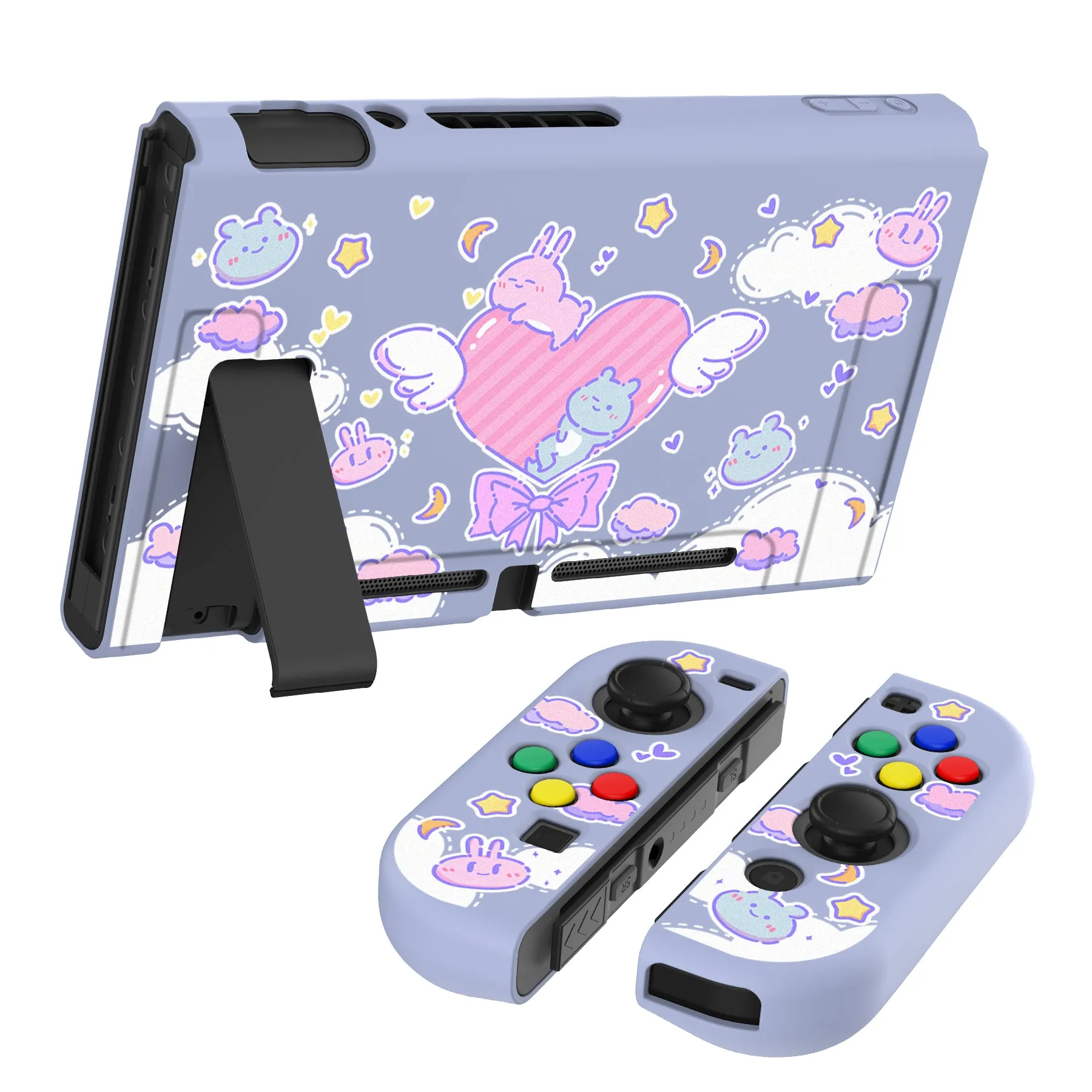 PlayVital Fantasy Bunny & Bear Protective Case for NS, Soft TPU Slim Case Cover for NS Joycon Console with Colorful ABXY Direction Button Caps - NTU6024G2