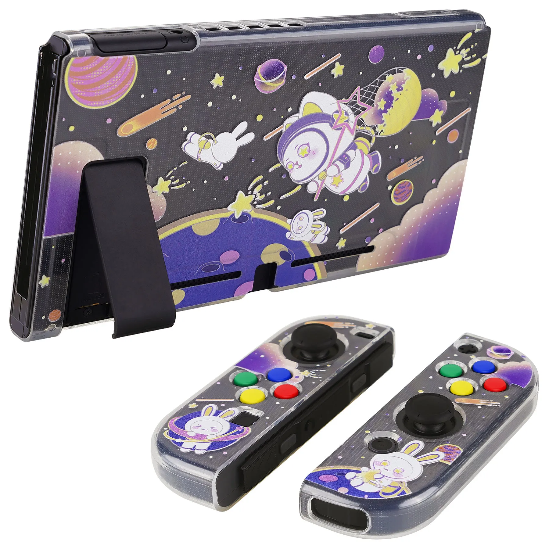 PlayVital Space Cat Protective Case for NS, Soft TPU Slim Case Cover for NS Joycon Console with Colorful ABXY Direction Button Caps - NTU6031