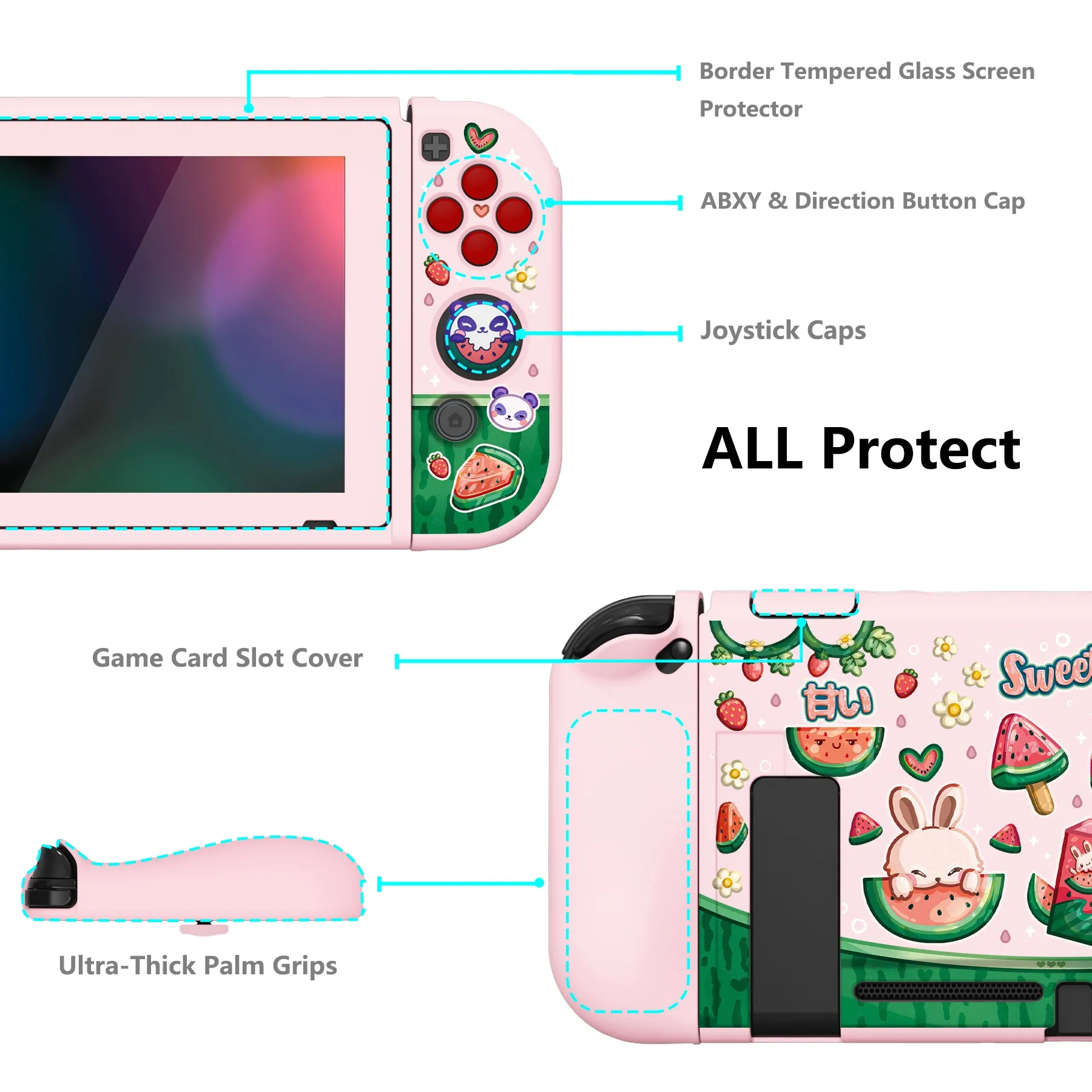 PlayVital ZealProtect Soft Protective Case for Nintendo Switch, Flexible Cover for Switch with Tempered Glass Screen Protector & Thumb Grips & ABXY Direction Button Caps - Watermelon Sweet Treats - RNSYV6043